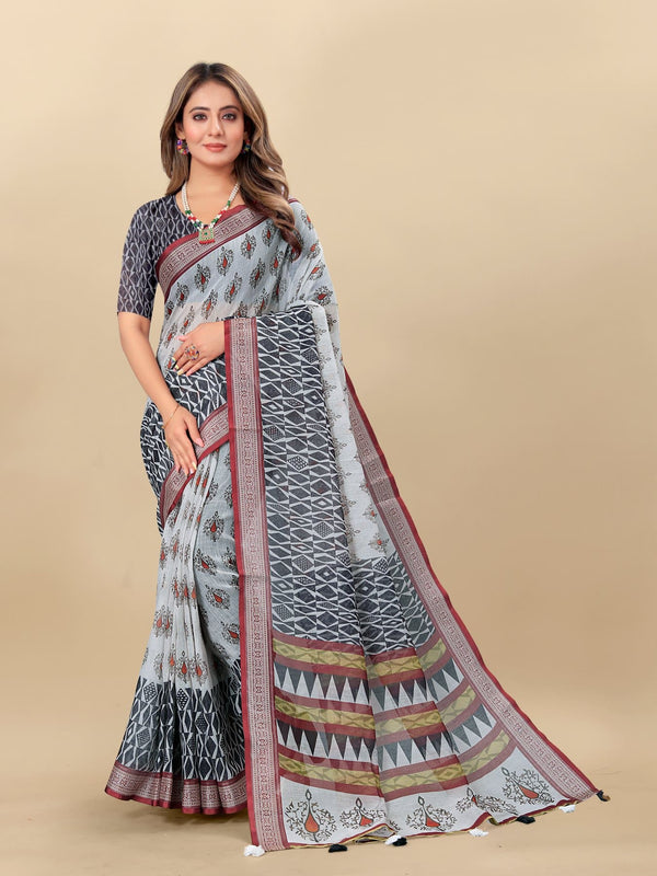 Printed linen saree  For women