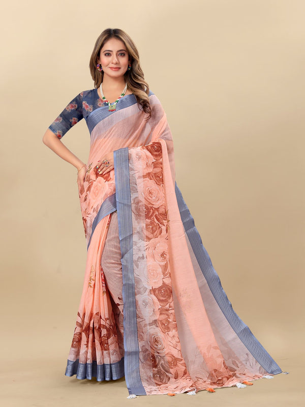 Printed linen saree  For women