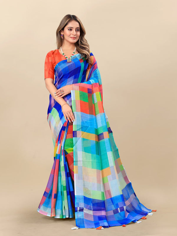 Printed linen saree  For women