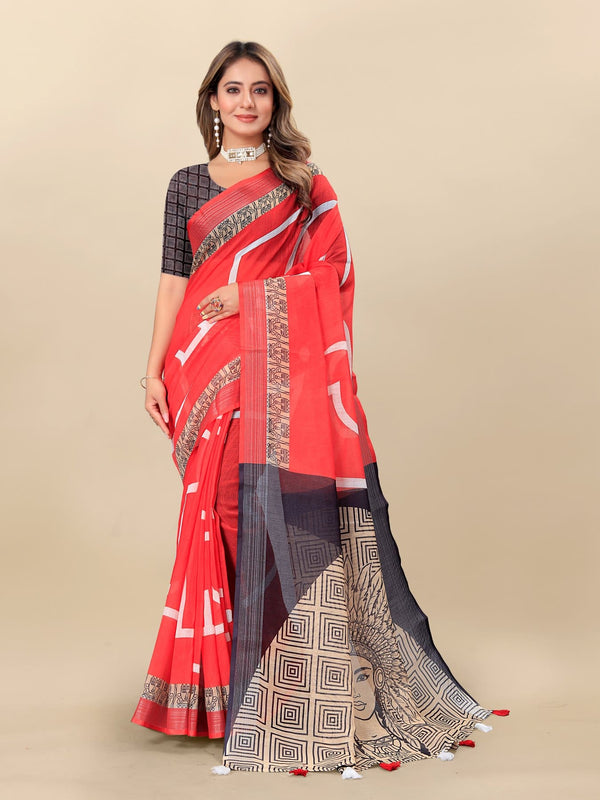 Printed linen saree  For women