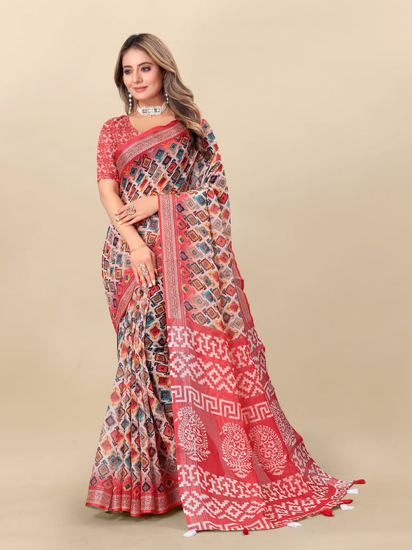 Printed linen saree  For women