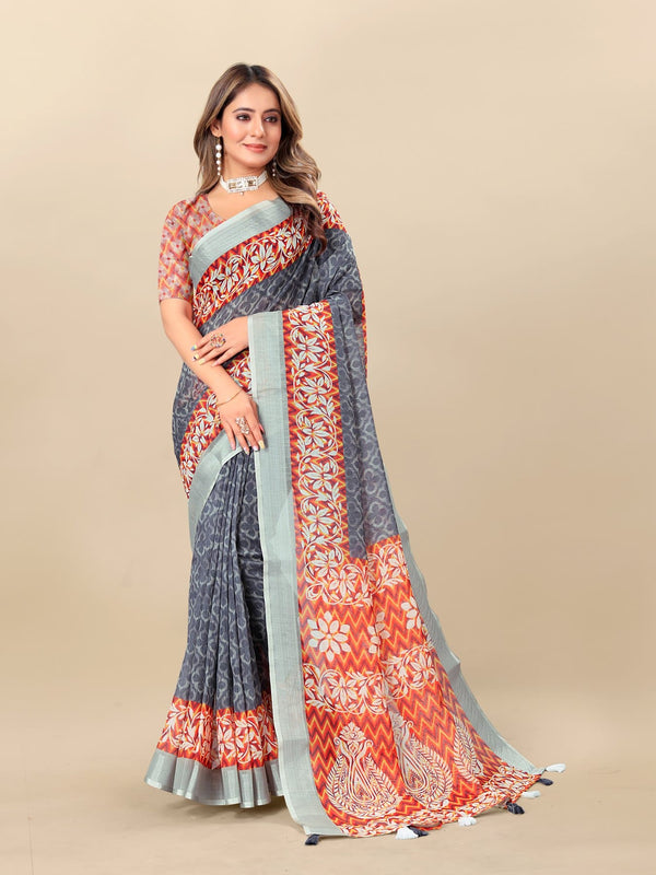 Printed linen saree  For women