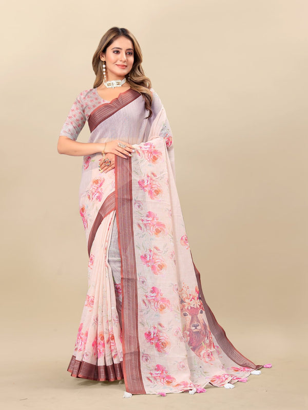 Printed linen saree  For women
