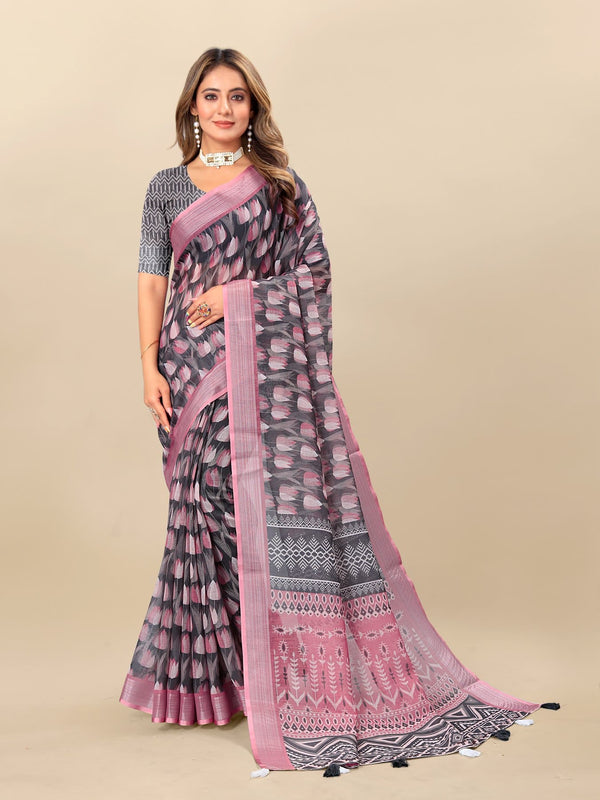 Printed linen saree  For women