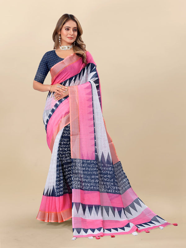 Printed linen saree  For women