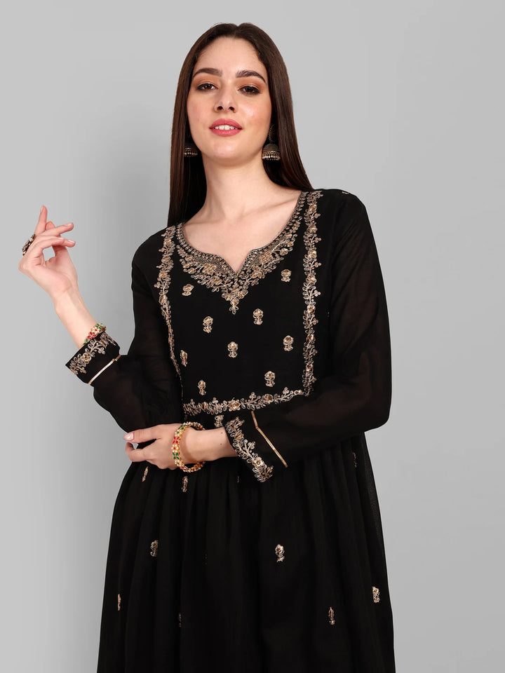 Chic Embroidery Work Kurta with Matching Pants-Black