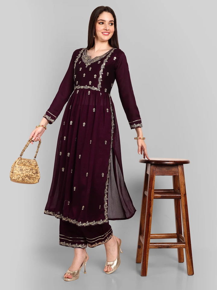 Chic Embroidery Work Kurta with Matching Pants-Black