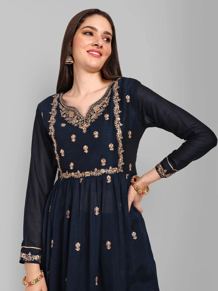 Chic Embroidery Work Kurta with Matching Pants-Black