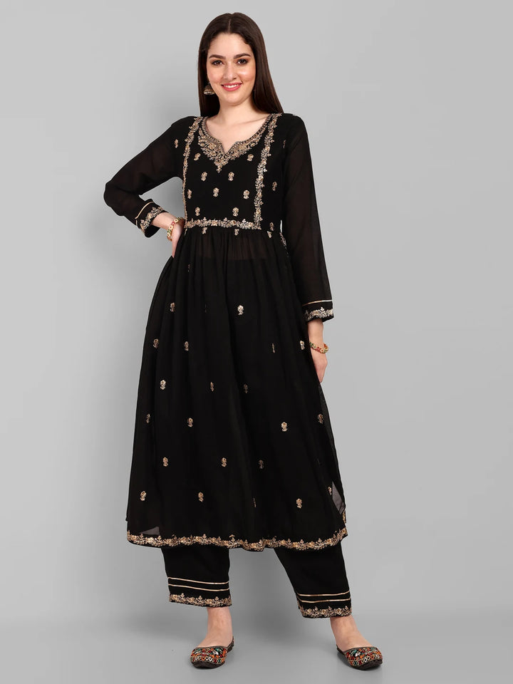 Chic Embroidery Work Kurta with Matching Pants-Black