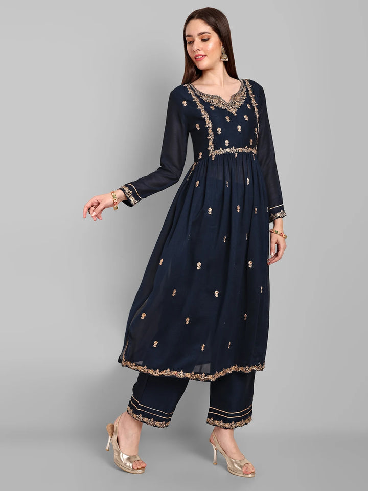 Chic Embroidery Work Kurta with Matching Pants-Black