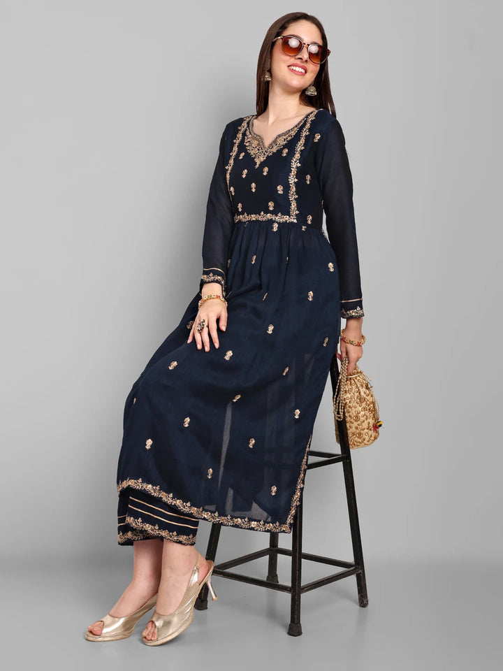 Chic Embroidery Work Kurta with Matching Pants-Black