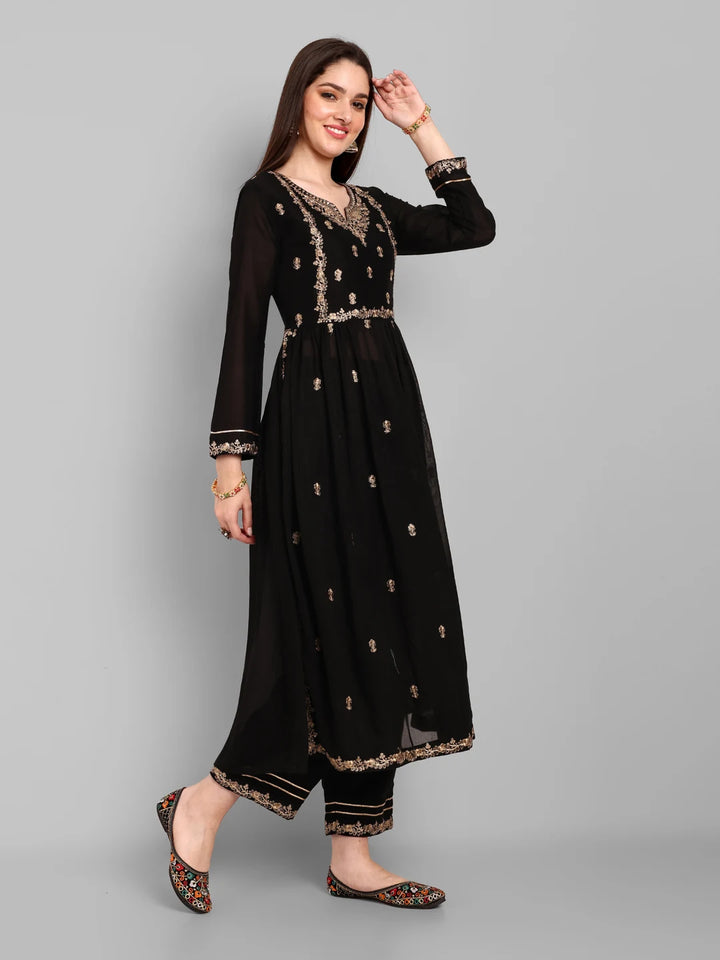 Chic Embroidery Work Kurta with Matching Pants-Black