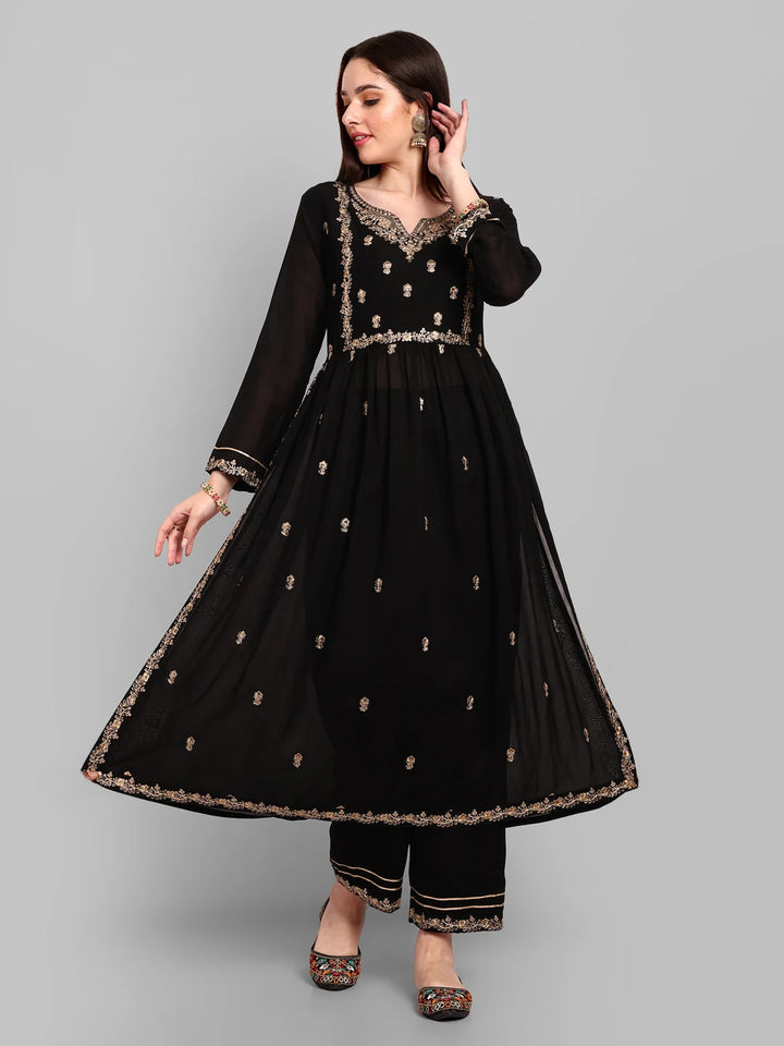 Chic Embroidery Work Kurta with Matching Pants-Black