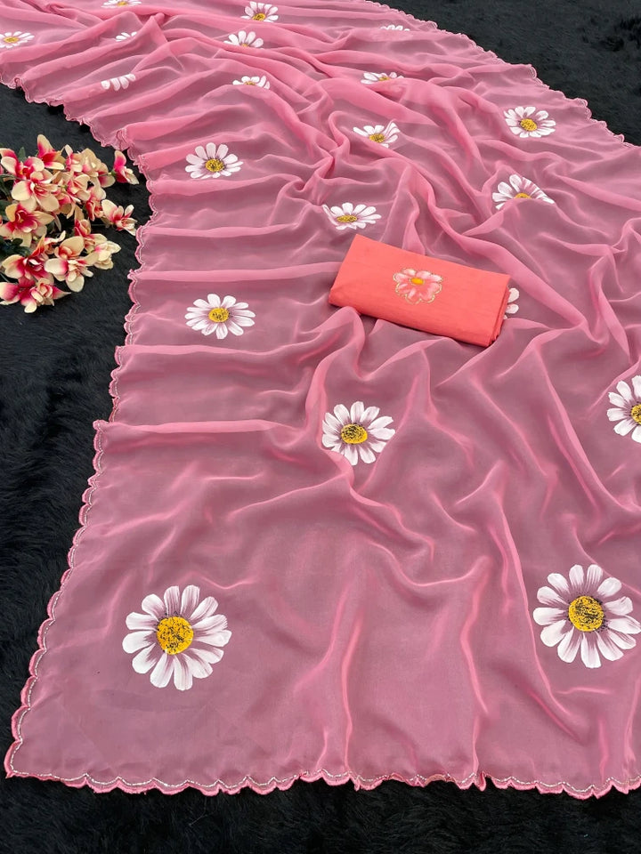 Hand-Painted Floral Organza Viscose Saree