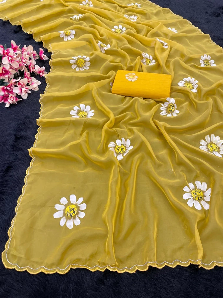 Hand-Painted Floral Organza Viscose Saree