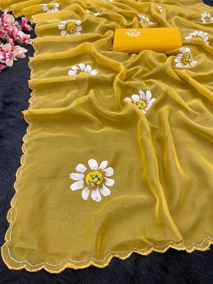 Hand-Painted Floral Organza Viscose Saree