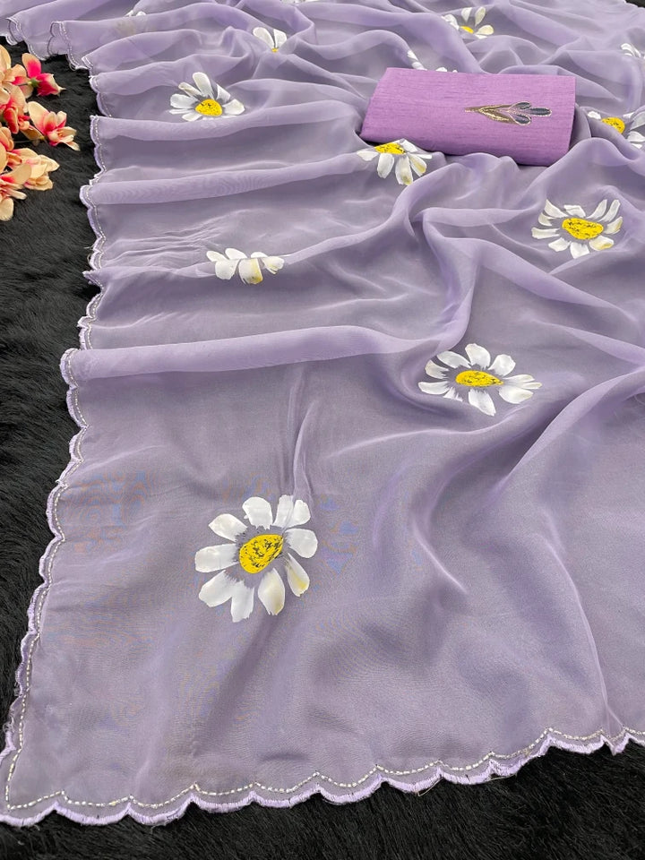 Hand-Painted Floral Organza Viscose Saree