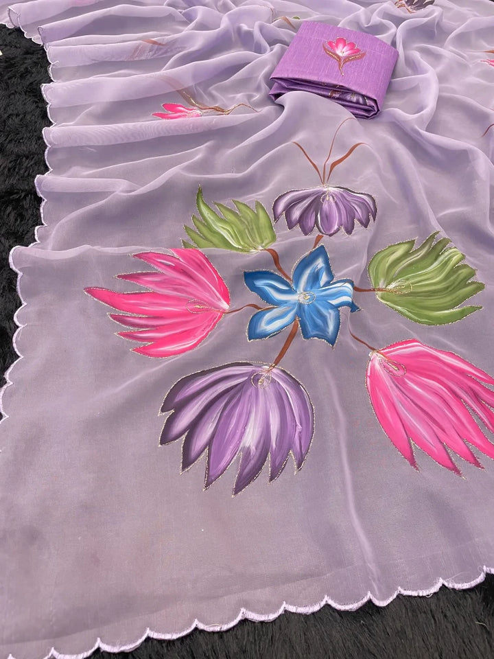 Hand-Painted Organza Viscose Saree with Floral Artistry