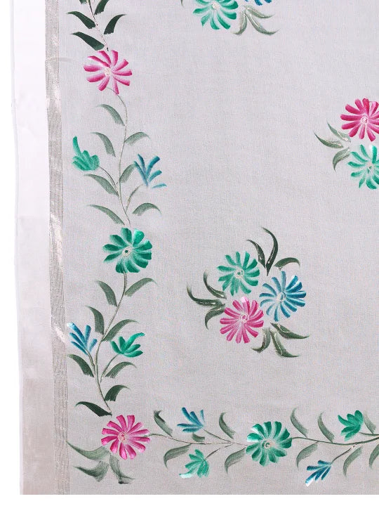 Hand-Painted Viscose Saree with Floral Motifs and Gold Border