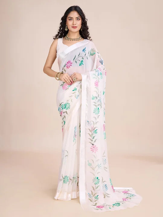 Hand-Painted Viscose Saree with Floral Motifs and Gold Border