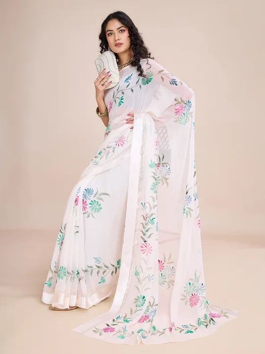 Hand-Painted Viscose Saree with Floral Motifs and Gold Border