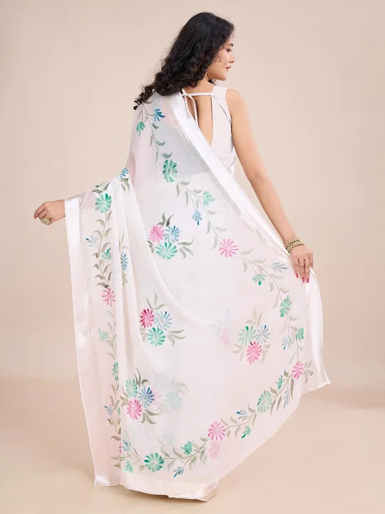 Hand-Painted Viscose Saree with Floral Motifs and Gold Border