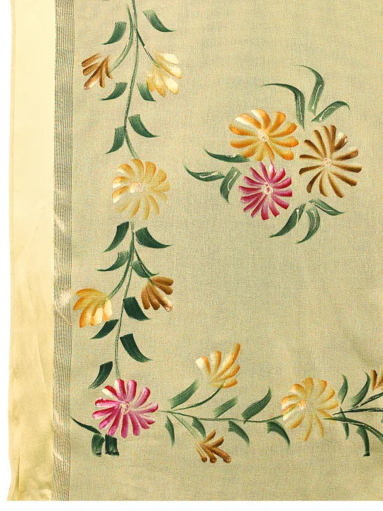 Hand-Painted Viscose Saree with Floral Motifs and Gold Border