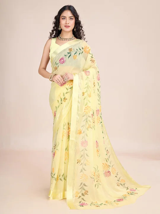 Hand-Painted Viscose Saree with Floral Motifs and Gold Border