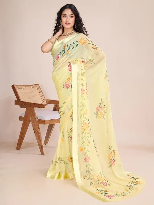 Hand-Painted Viscose Saree with Floral Motifs and Gold Border