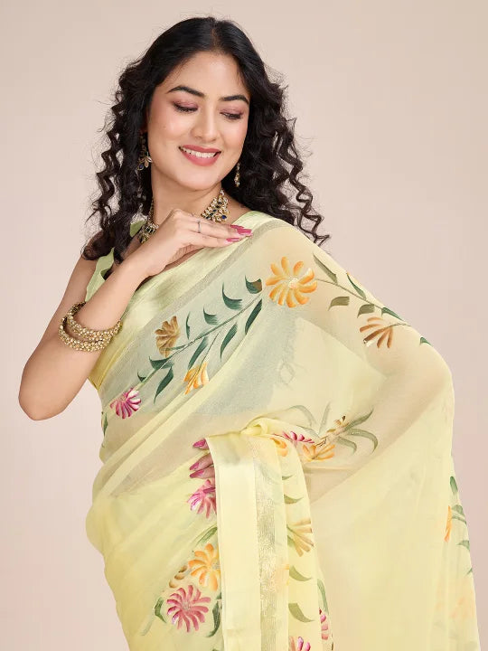 Hand-Painted Viscose Saree with Floral Motifs and Gold Border