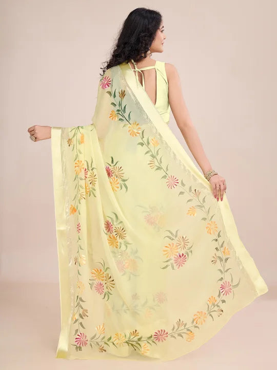 Hand-Painted Viscose Saree with Floral Motifs and Gold Border