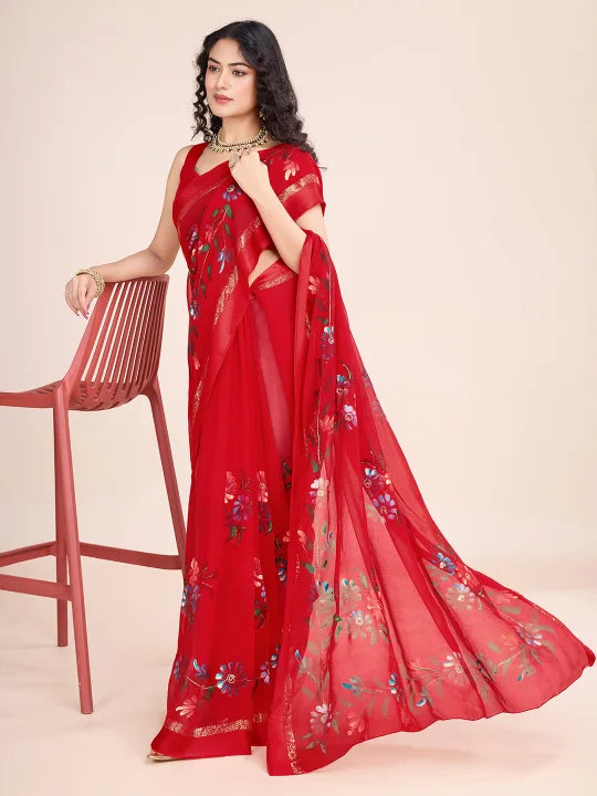 Hand-Painted Viscose Saree with Floral Motifs and Gold Border