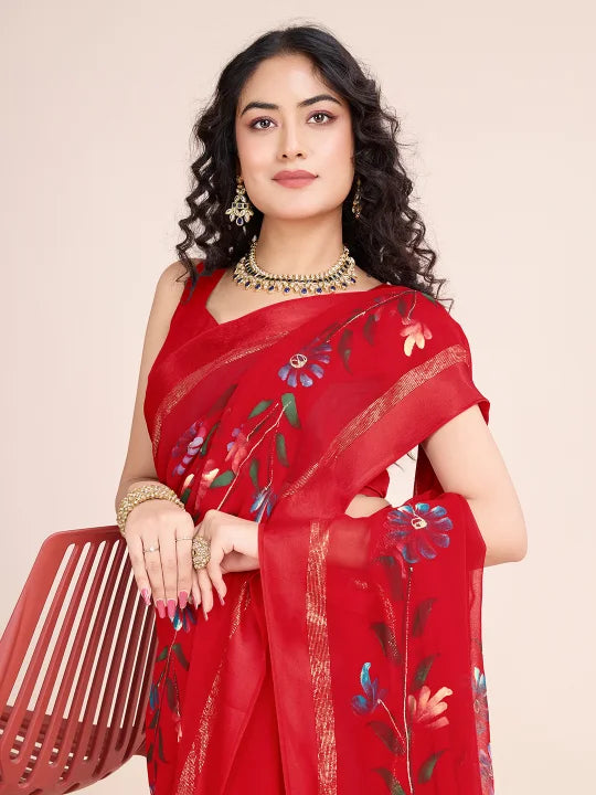 Hand-Painted Viscose Saree with Floral Motifs and Gold Border