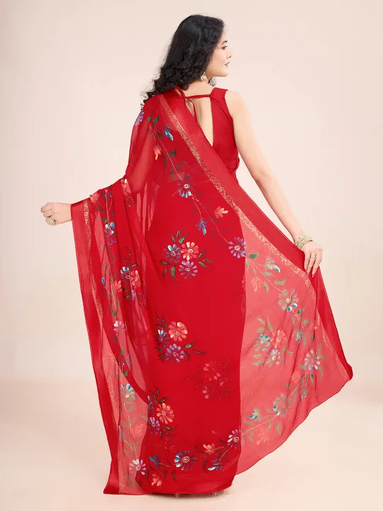 Hand-Painted Viscose Saree with Floral Motifs and Gold Border