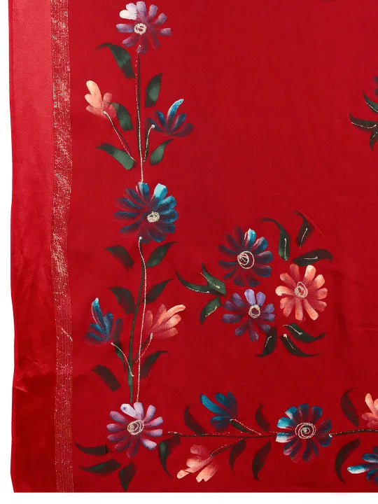 Hand-Painted Viscose Saree with Floral Motifs and Gold Border