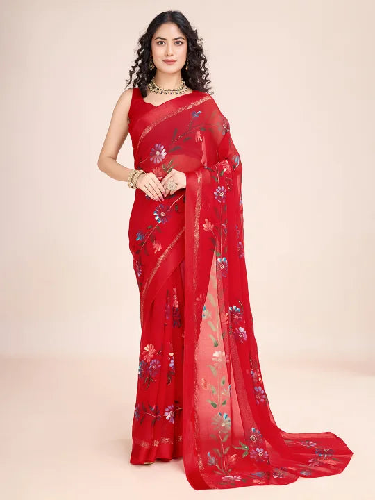 Hand-Painted Viscose Saree with Floral Motifs and Gold Border