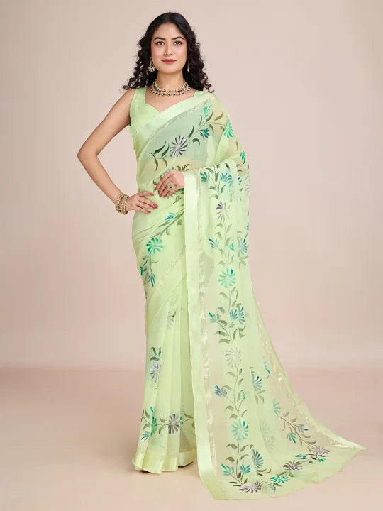 Hand-Painted Viscose Saree with Floral Motifs and Gold Border