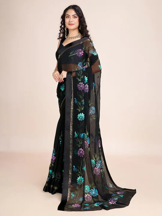 Hand-Painted Viscose Saree with Floral Motifs and Gold Border