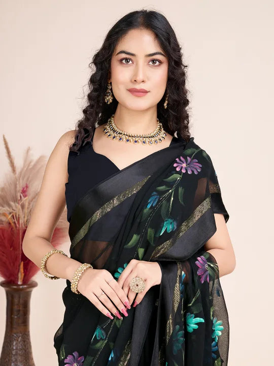 Hand-Painted Viscose Saree with Floral Motifs and Gold Border