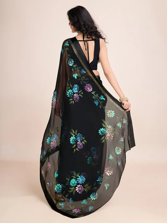 Hand-Painted Viscose Saree with Floral Motifs and Gold Border