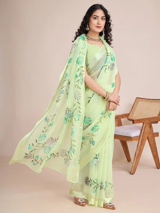 Hand-Painted Viscose Saree with Floral Motifs and Gold Border