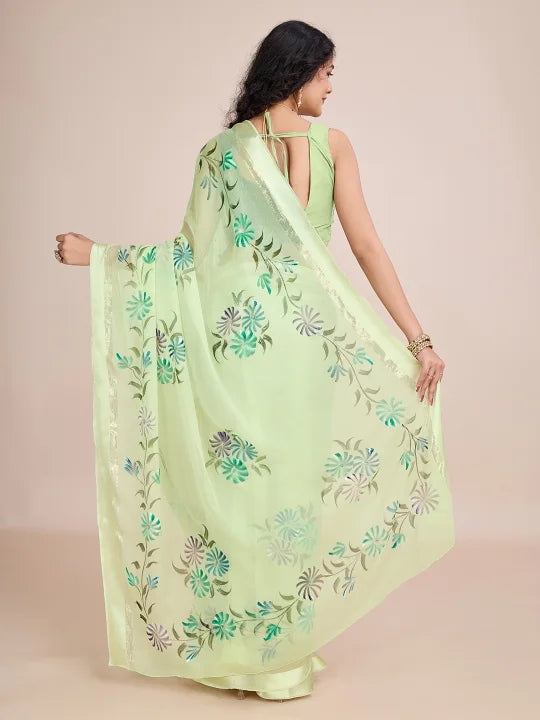 Hand-Painted Viscose Saree with Floral Motifs and Gold Border