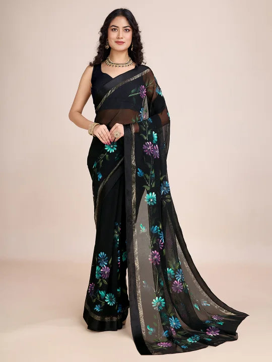 Hand-Painted Viscose Saree with Floral Motifs and Gold Border