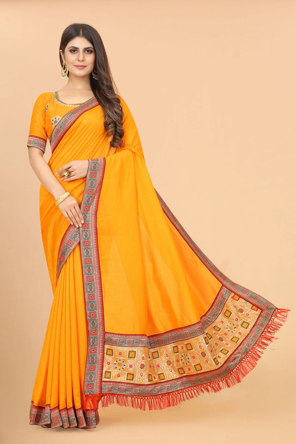 Rich Pallu & Embroidery Lace Border With Diamond Work Saree-yellow