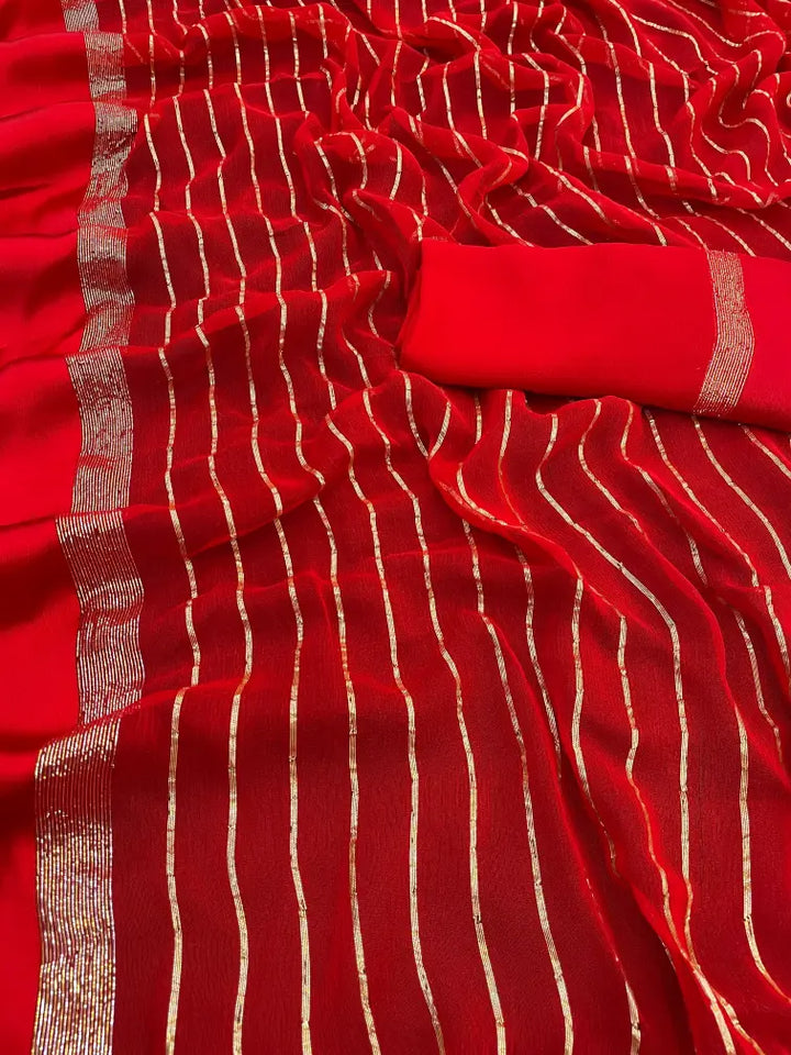 Elegant Viscose Saree with Gold Stripes and Border