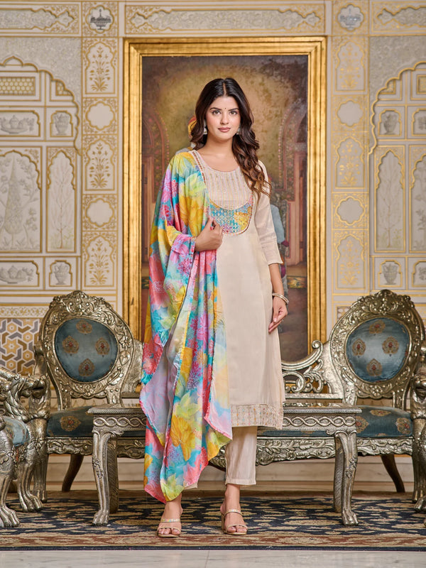 Chic Embroidered Kurta Set with Flowing Dupatta-CREAM