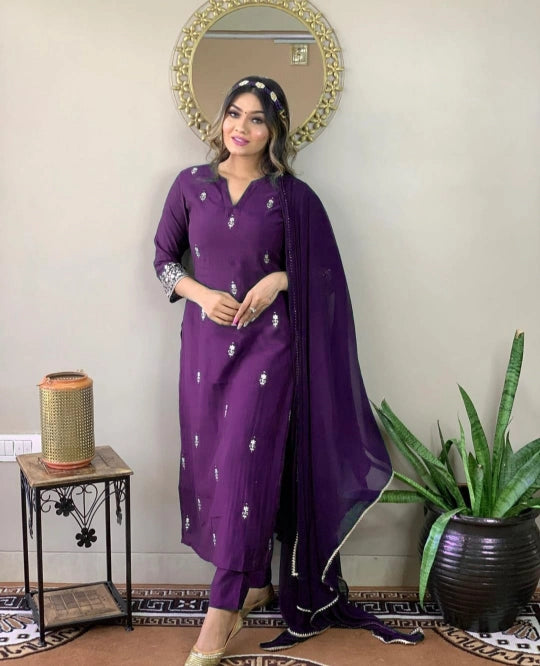 Stylish Embroidered Rayon Kurta Set with Matching Dupatta - Wine