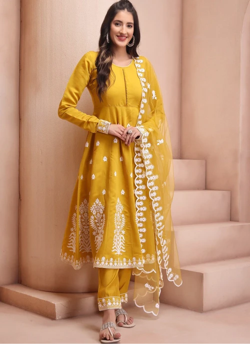 Chanderi  Embroidered Kurta Set -Yellow