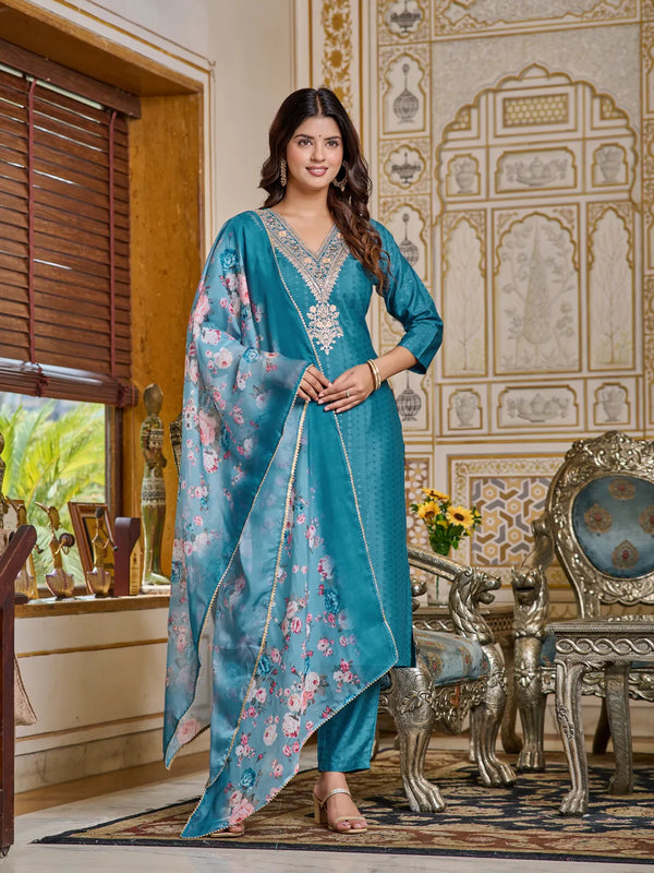 Stylish Firozi Embroidered Viscose Rayon Kurta Set