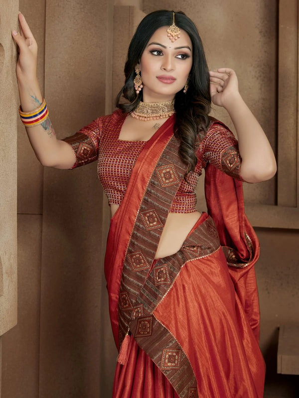 Vichitra silk saree With Elegant lace Patti